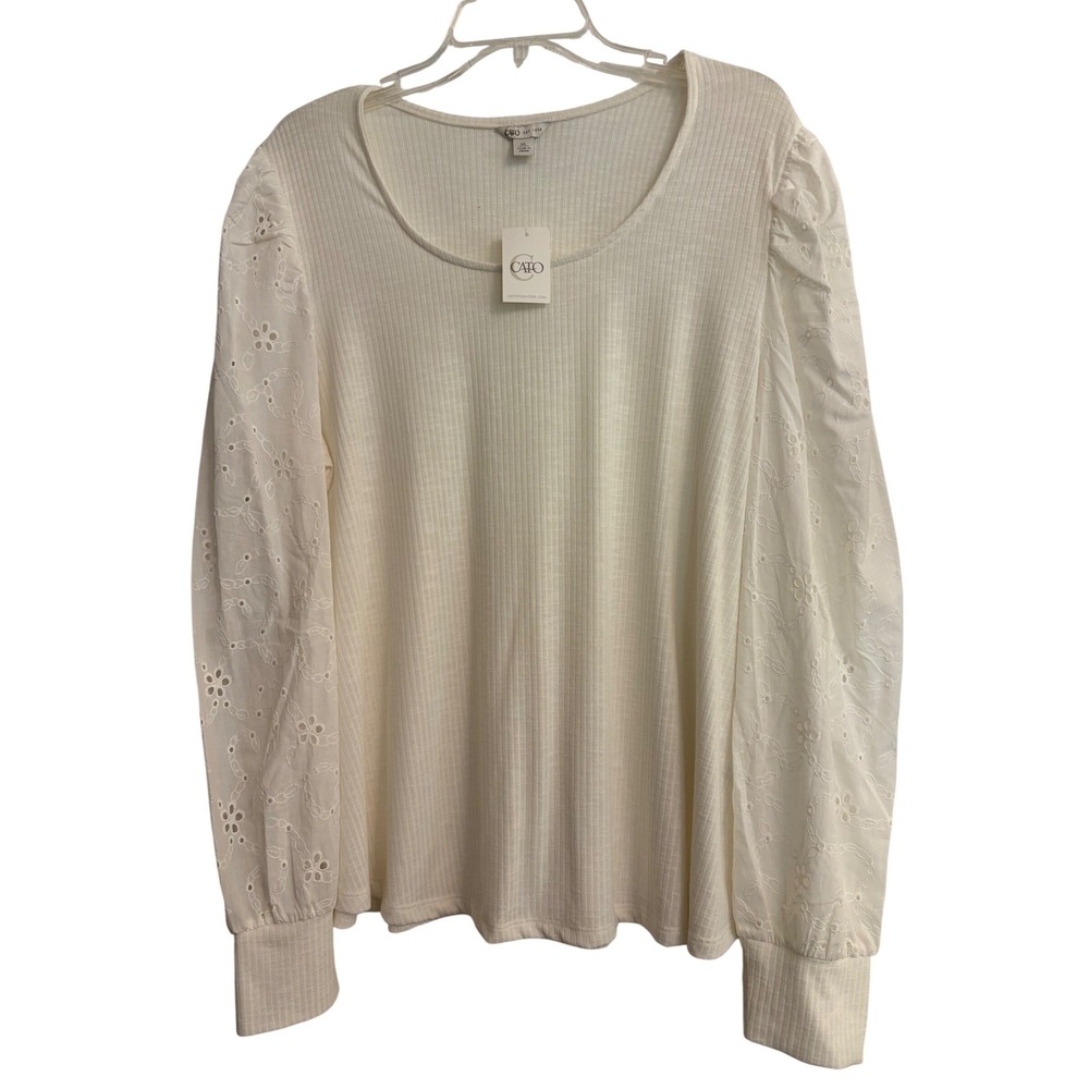 New Cream Ribbed Knit Eyelet Puff Sleeve Blouse Top XL Cato